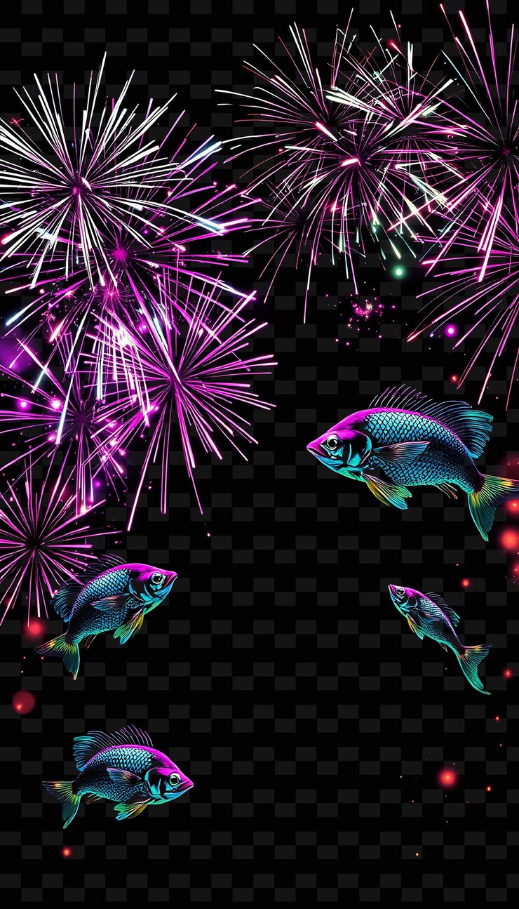 PSD crackling frame_firecrackers_shoot_glowing_neon_beams_dreamy_growing_fish_swim_along_the_frame_the