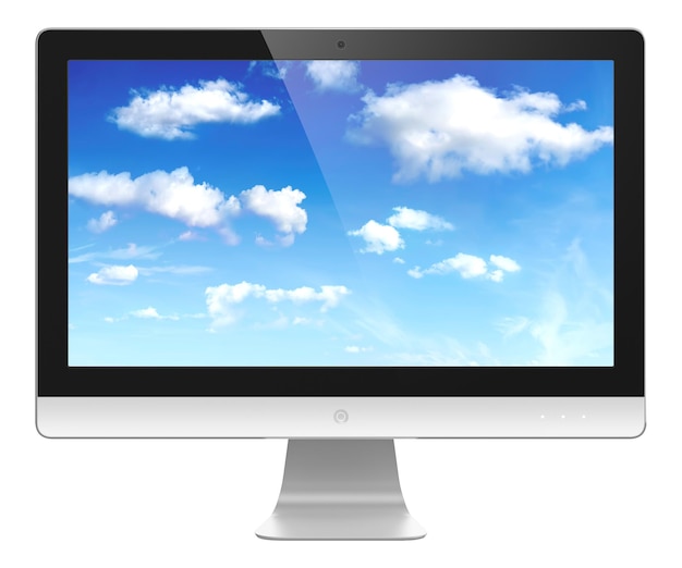 Écran d'ordinateur avec image de ciel nuageux à l'écran Concept de cloud computing isolé sur fond transparent