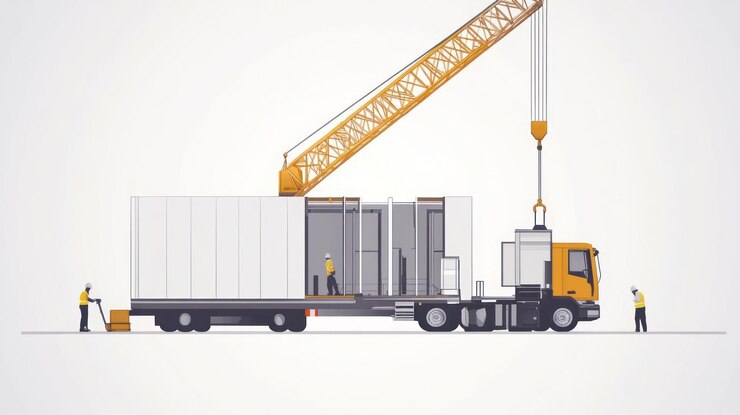 PSD crane lifting modular building sections onto truck for transport