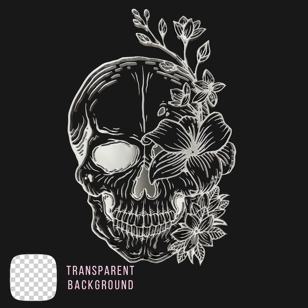 Crâne en métal chrome Psd avec des formes de fleurs rendu en 3D