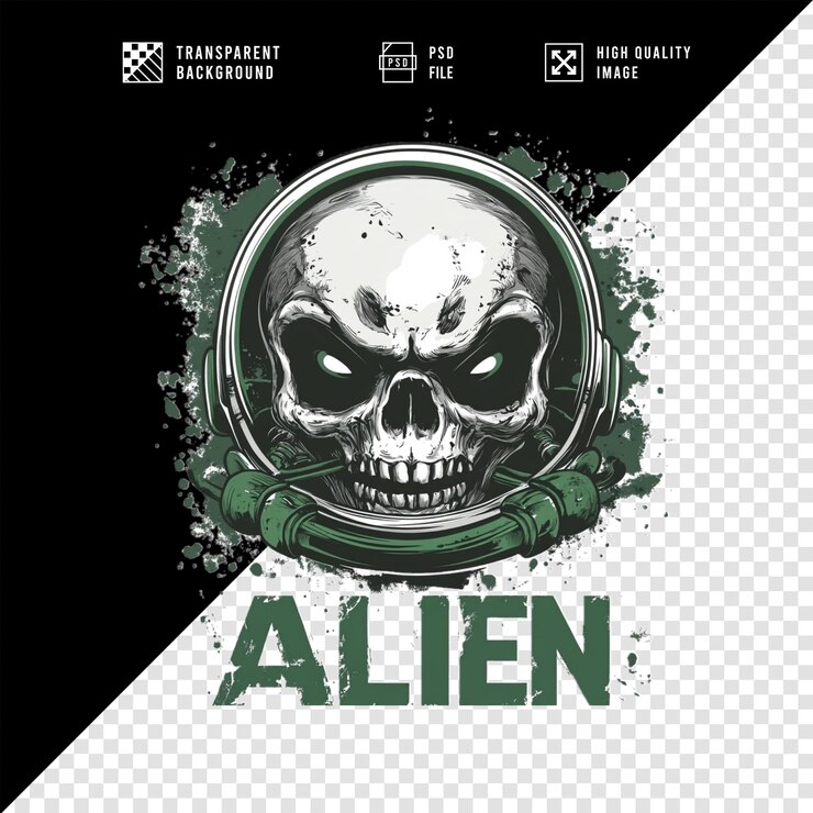 PSD el cráneo de un alienígena con fondo transparente en calidad hd
