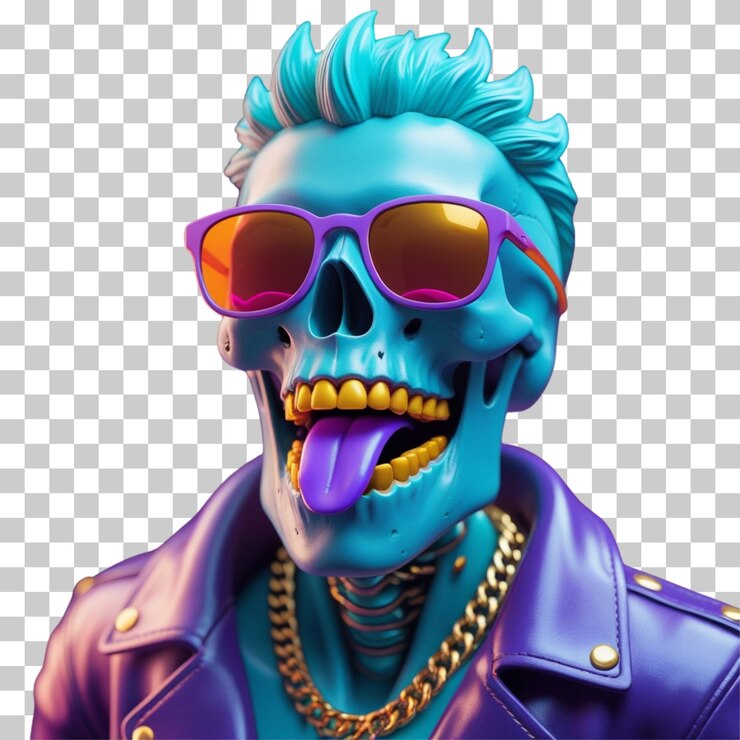 PSD cráneo de arte pop en 3d con dientes dorados y cabello azul pico de fondo transparente
