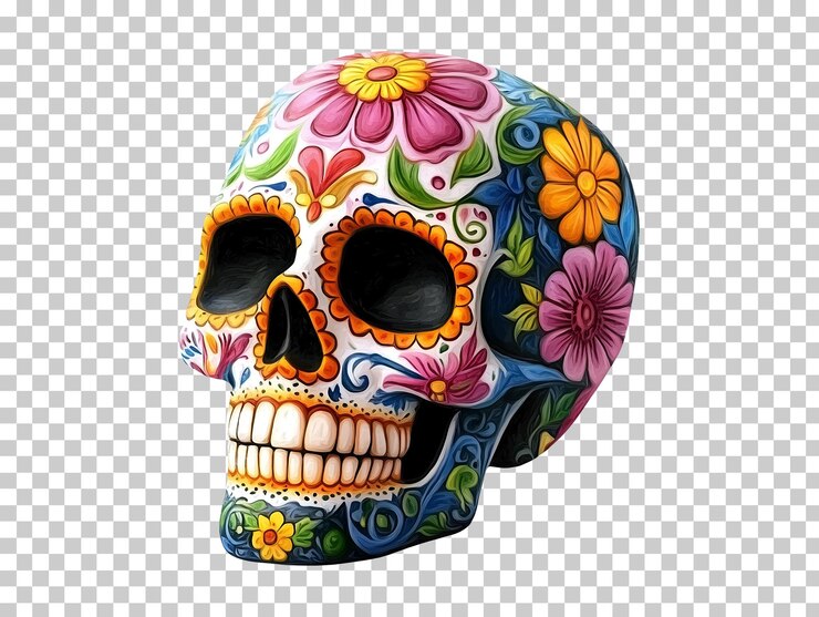 PSD cráneo decorativo colorido con patrones florales aislados en un fondo transparente png psd
