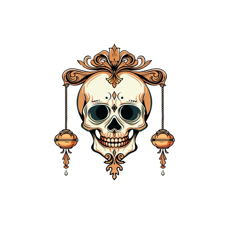 PSD cráneo con diseño ornamentado y adornos colgantes
