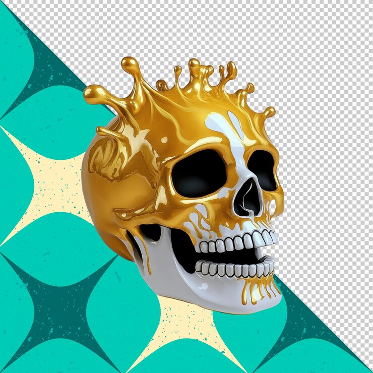 PSD cráneo dorado con corona de metal líquido renderizado en 3d