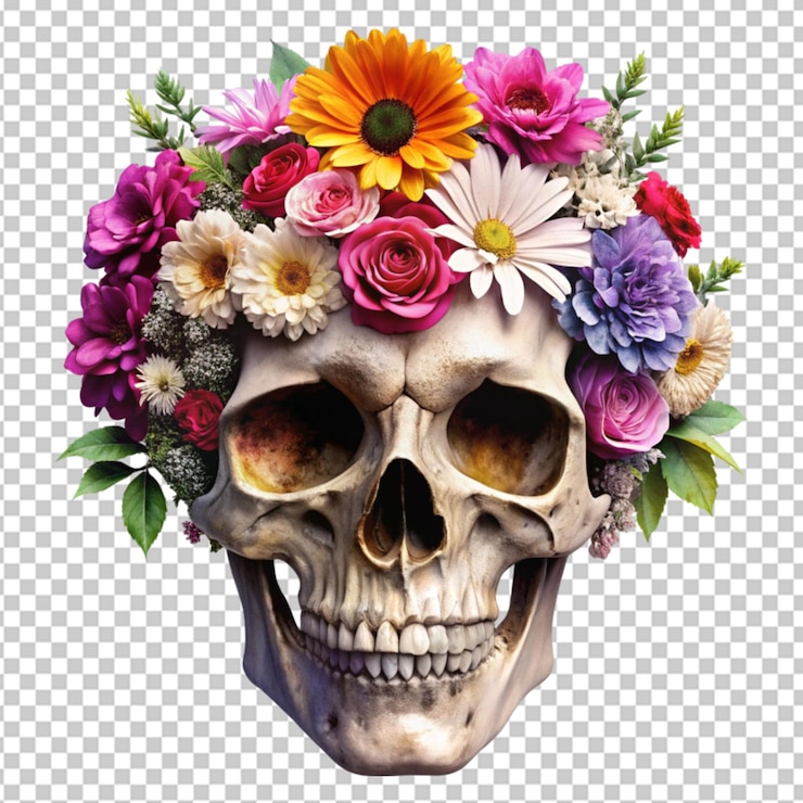 PSD cráneo con flores aisladas en un fondo transparente