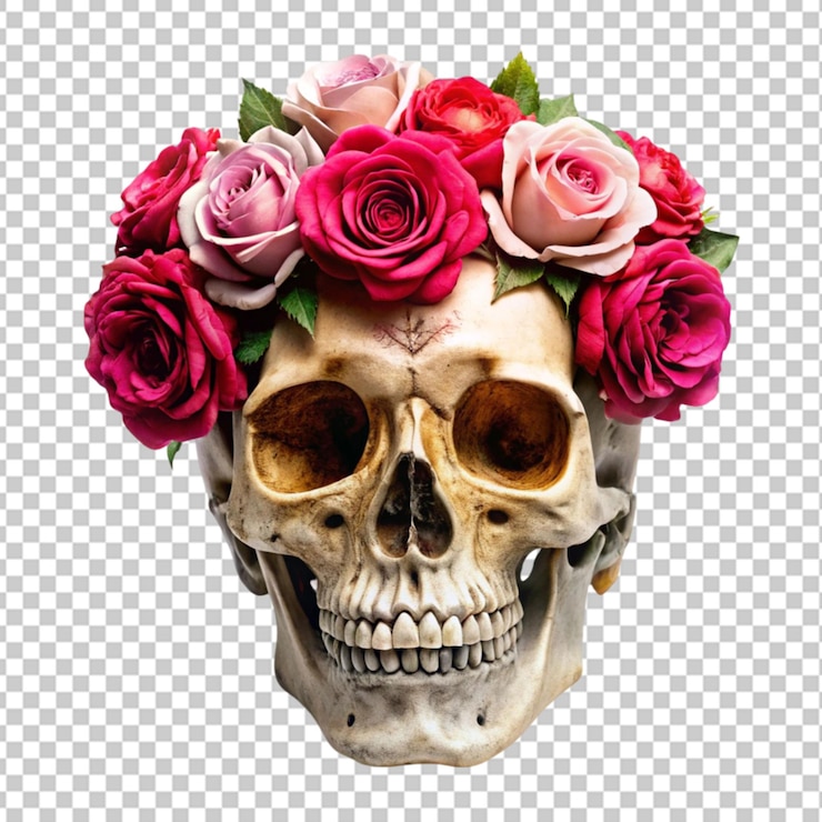PSD cráneo con flores en un fondo transparente
