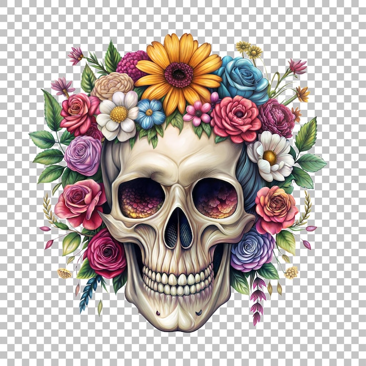 PSD cráneo humano de época decoraciones florales ilustración esqueleto