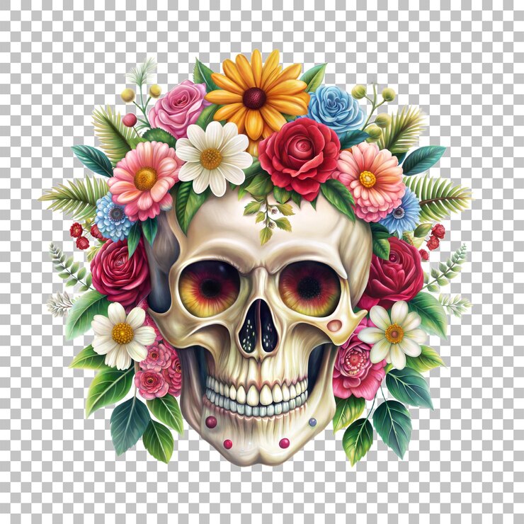 PSD cráneo humano de época decoraciones florales ilustración esqueleto