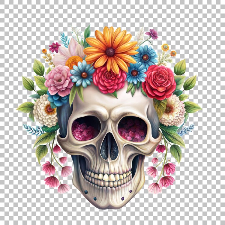 PSD cráneo humano de época decoraciones florales ilustración esqueleto