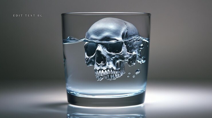 PSD cráneo humano sumergido en agua dentro de un vaso