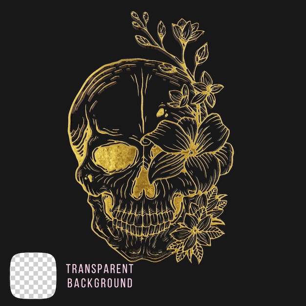 Cráneo de metal de oro con formas de flores en 3D