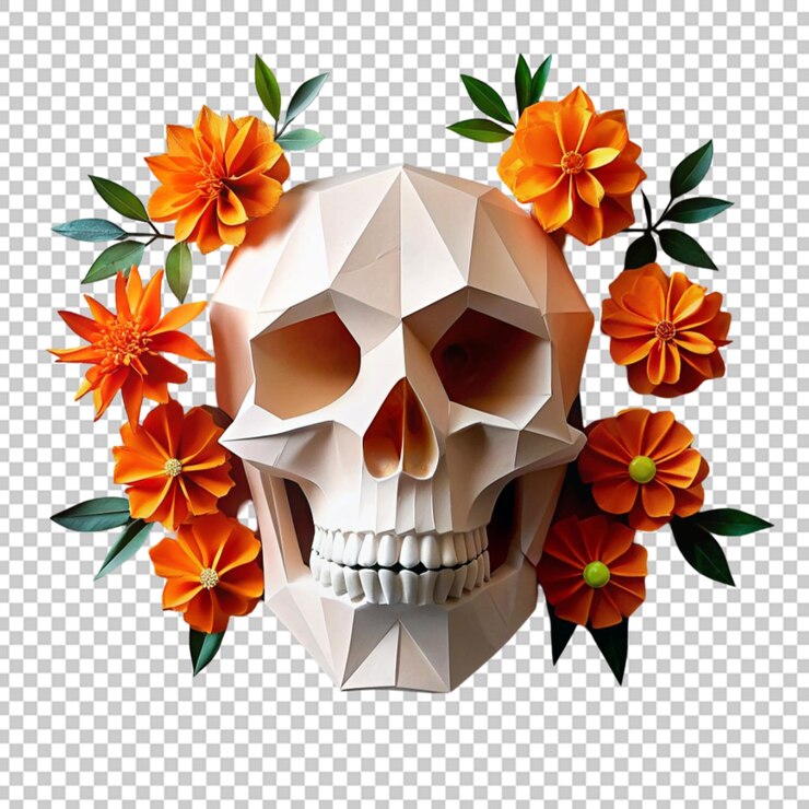 PSD cráneo de origami con flores de naranja