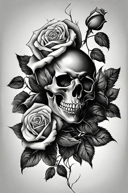 PSD cráneo rosas y hojas tatuaje en blanco y negro