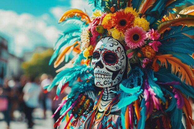 un cráneo con un traje colorido con flores y plumas