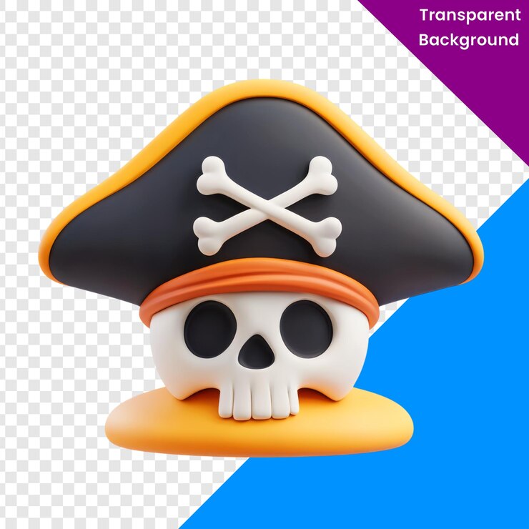 PSD crânio de pirata de desenho animado png com chapéu em fundo transparente