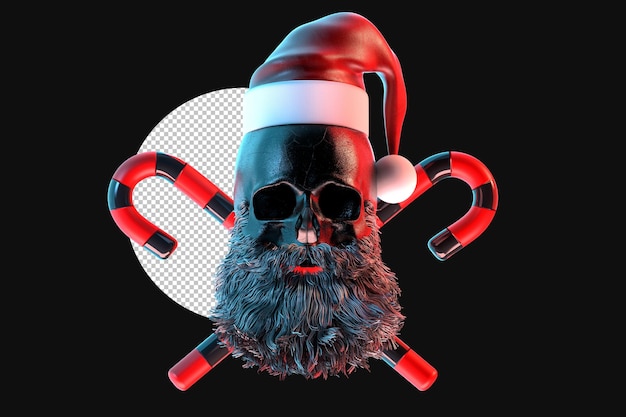 Crânio do Papai Noel com cones de doces. Renderização 3D