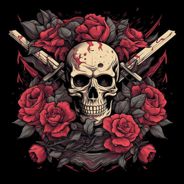 Crânio, espada, rosa, vetorial, ilustração, estoque, ilustração