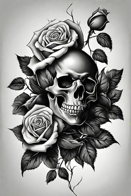 Crânio rosas e folhas tatuagem preto e branco