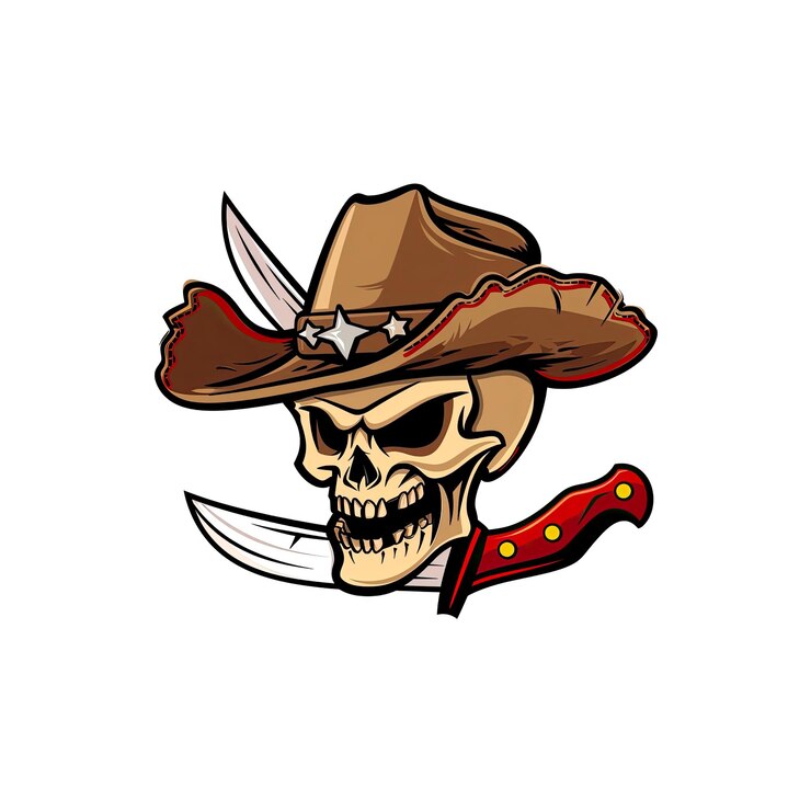 PSD crânio vestindo um chapéu de cowboy e segurando duas facas