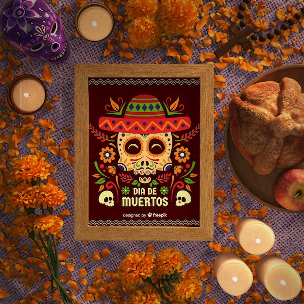 Crânios de dia de muertos com sombrero plano leigos