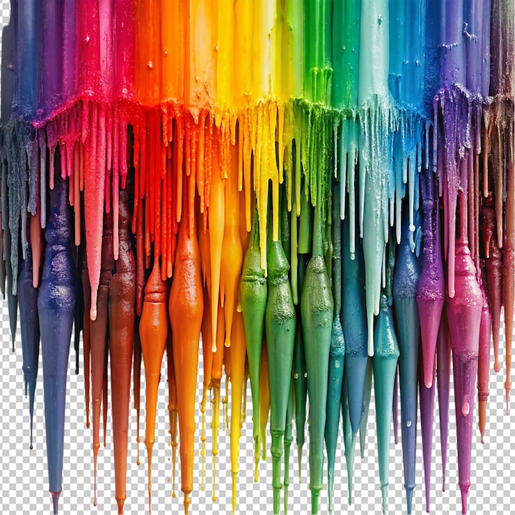 PSD crayones derretidos en cascada congelados sobre un fondo transparente