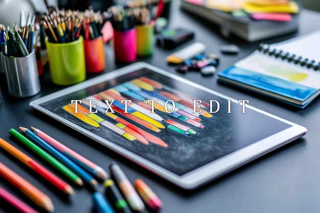 Des crayons colorés et une tablette affichant un tableau à barres coloré sur un bureau sombre