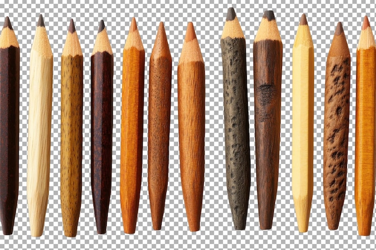 PSD des crayons de différentes couleurs disposés en rangée avec des nuances et des textures différentes pour un usage artistique