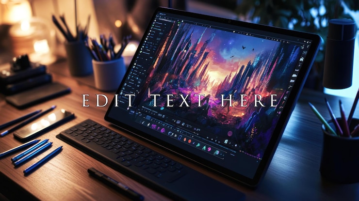 PSD creación de arte digital en una tableta de pantalla grande