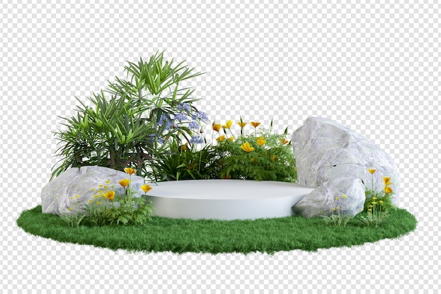 Creador de escena de plataforma blanca en campo de flores.