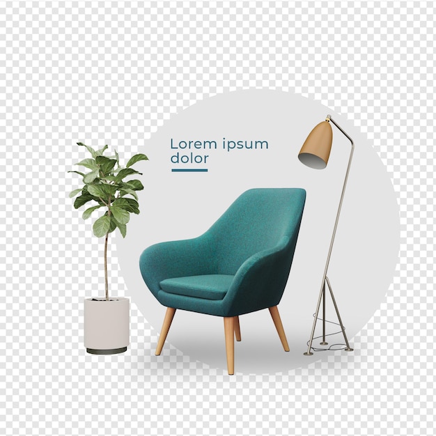 Creador de escenas, sillón y lámpara cerca de diseños de plantas en macetas