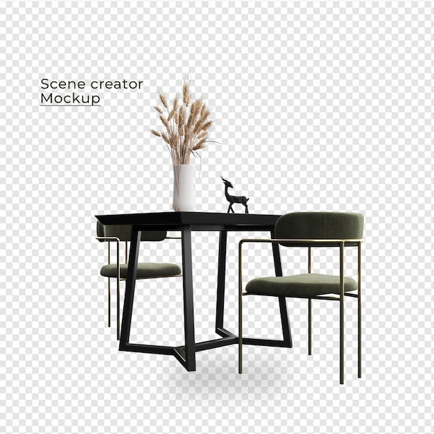 Creador de escenas, sillón y mesa cerca de diseños de plantas en macetas