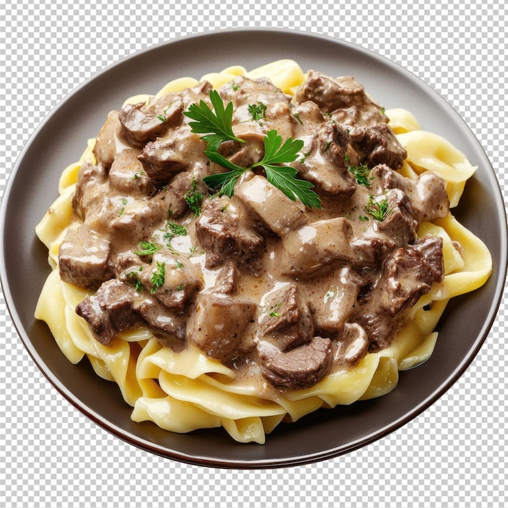 PSD creamy beef stroganoff con tender beef and egg noodles classico comfort food sullo sfondo trasparente