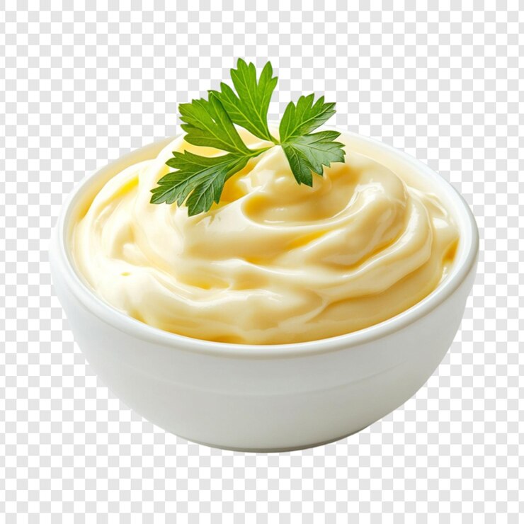 PSD creamy mayonnaise in white bowl with parsley garnish delicious dressing recipe