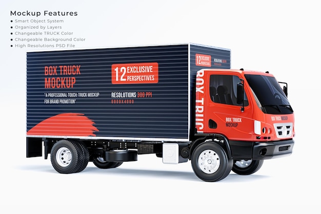 Creative box truck branding mockup derecha y vista lateral frontal