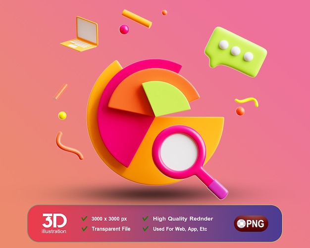Creativepreneur gráfico circular 3D con la lupa sobre fondo aislado