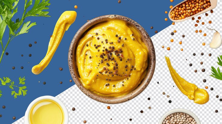 PSD creativo esparcimiento de mostaza exhibido sobre un fondo amarillo vibrante rodeado de ingredientes frescos