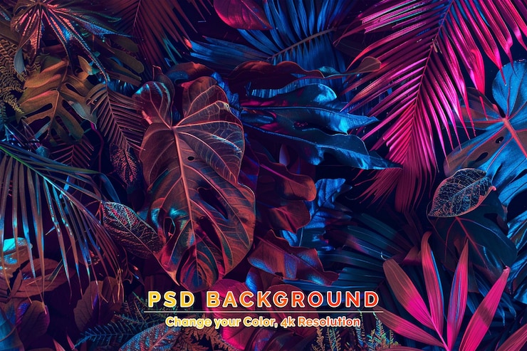 PSD creativo layout di colori fluorescenti realizzato con foglie tropicali colori al neon piatti