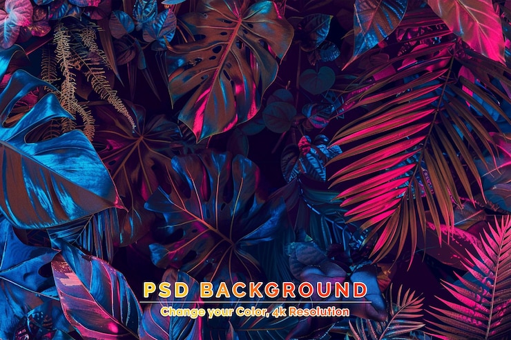 PSD creativo layout di colori fluorescenti realizzato con foglie tropicali colori al neon piatti