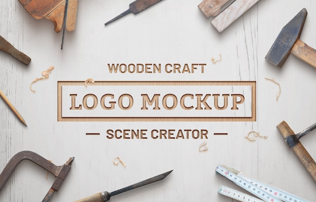 Creatore di scene mockup in legno con logo artigianale. Superficie in legno bianco con trucioli di legno.