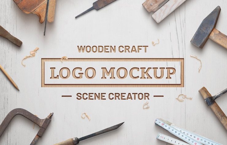 PSD creatore di scene mockup in legno con logo artigianale. superficie in legno bianco con trucioli di legno.