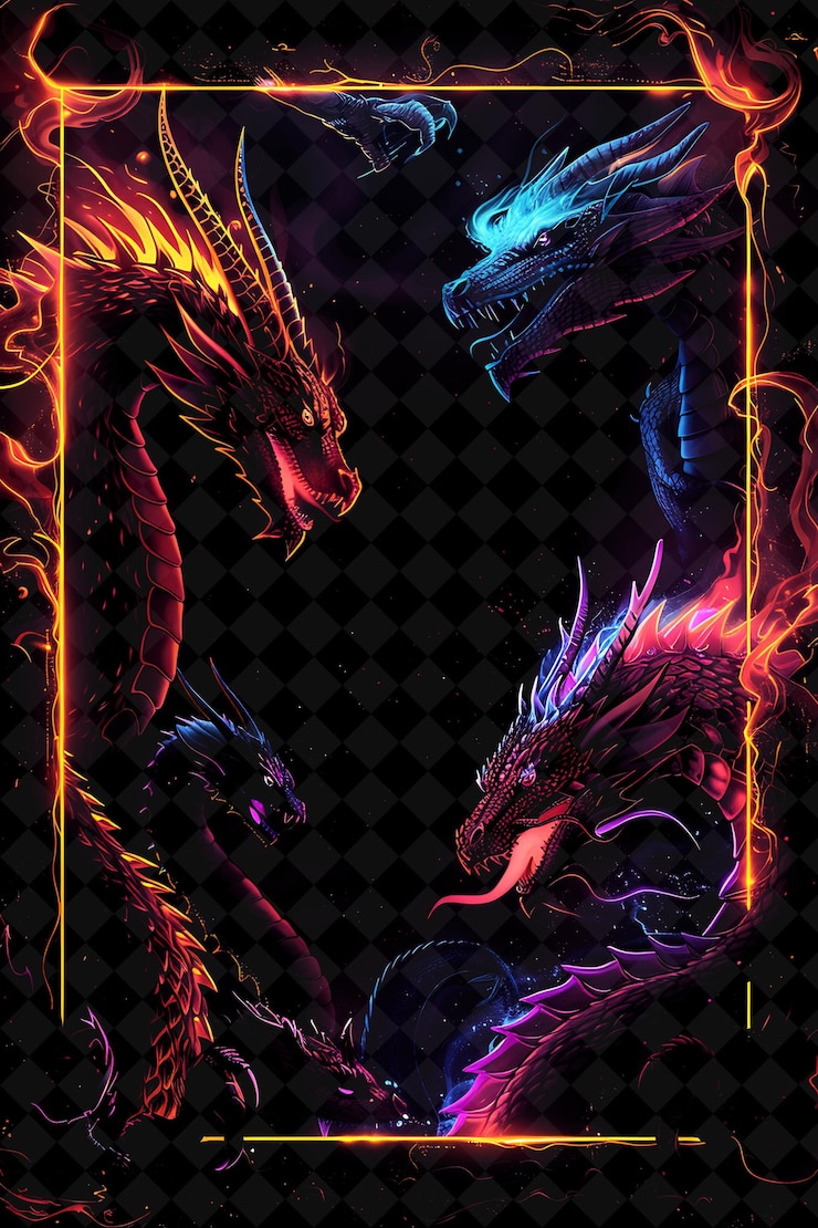 PSD creature mitologiche cornice arcana con draghi maestosi e la mia cornice color neon collezione d'arte y2k