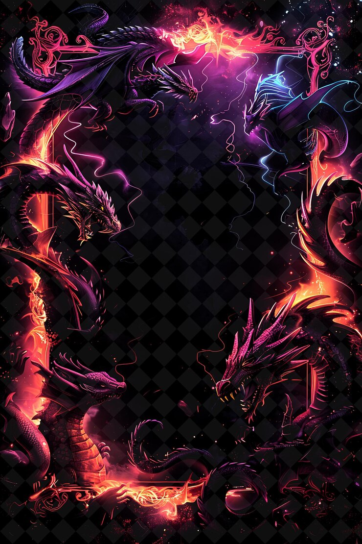PSD creature mitologiche cornice arcana con draghi maestosi e la mia cornice color neon collezione d'arte y2k