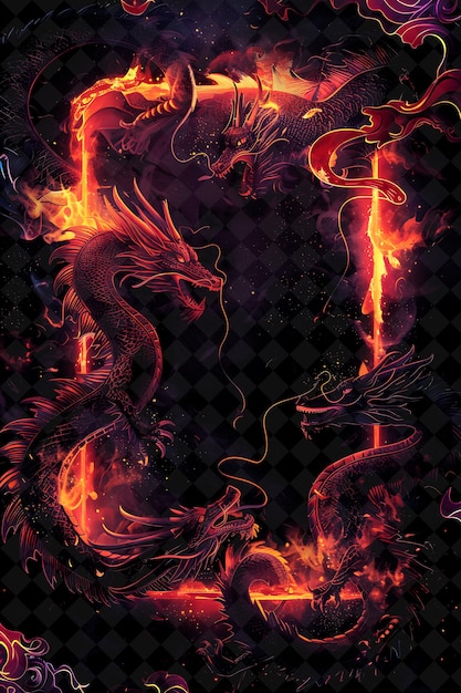 PSD créatures mythiques cadre arcane avec des dragons majestueux et mon cadre couleur néon collection d'art y2k