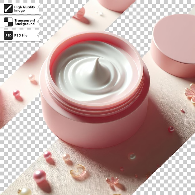 PSD crema cosmética psd en frasco de plástico rosado y flor en fondo transparente con capa de máscara editable