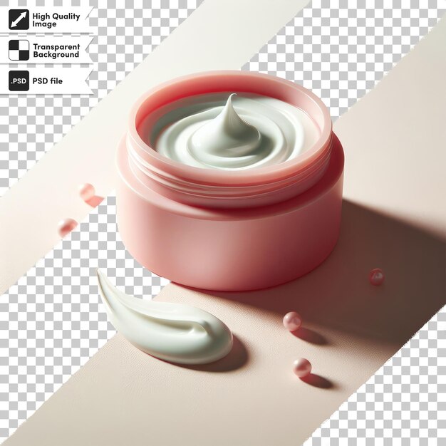 Crema cosmética psd en frasco de plástico rosado y flor en fondo transparente con capa de máscara editable