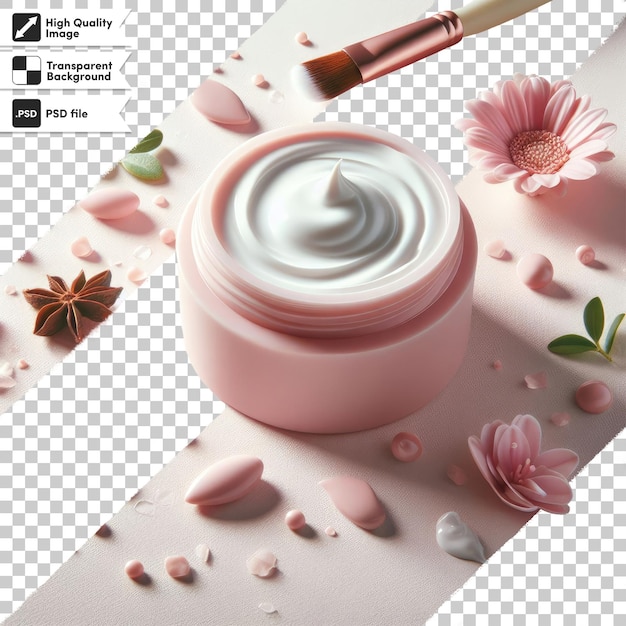 Crema cosmética psd en frasco de plástico rosado y flor en fondo transparente con capa de máscara editable