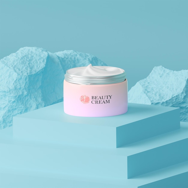 Crema mockup 3D con podio scale blu