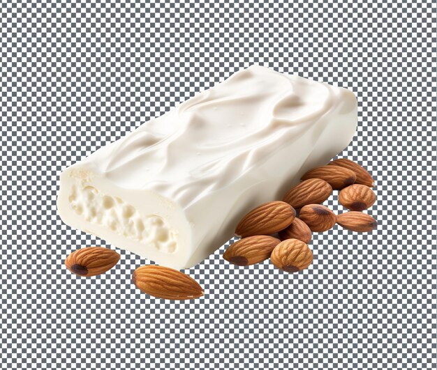 PSD creme blanche hersheys aromatique avec une barre d'amandes isolée sur un fond transparent