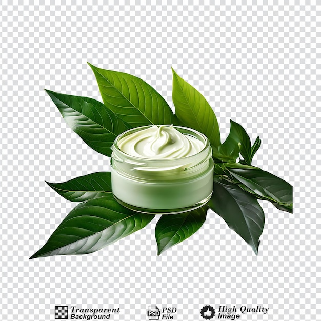 PSD creme cosmético natural em folhas verdes isoladas em fundo transparente